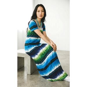 Tommy Bahama Blue Green Stripe Maxi Dress S Small Tall Cotton Stretch 57" Length